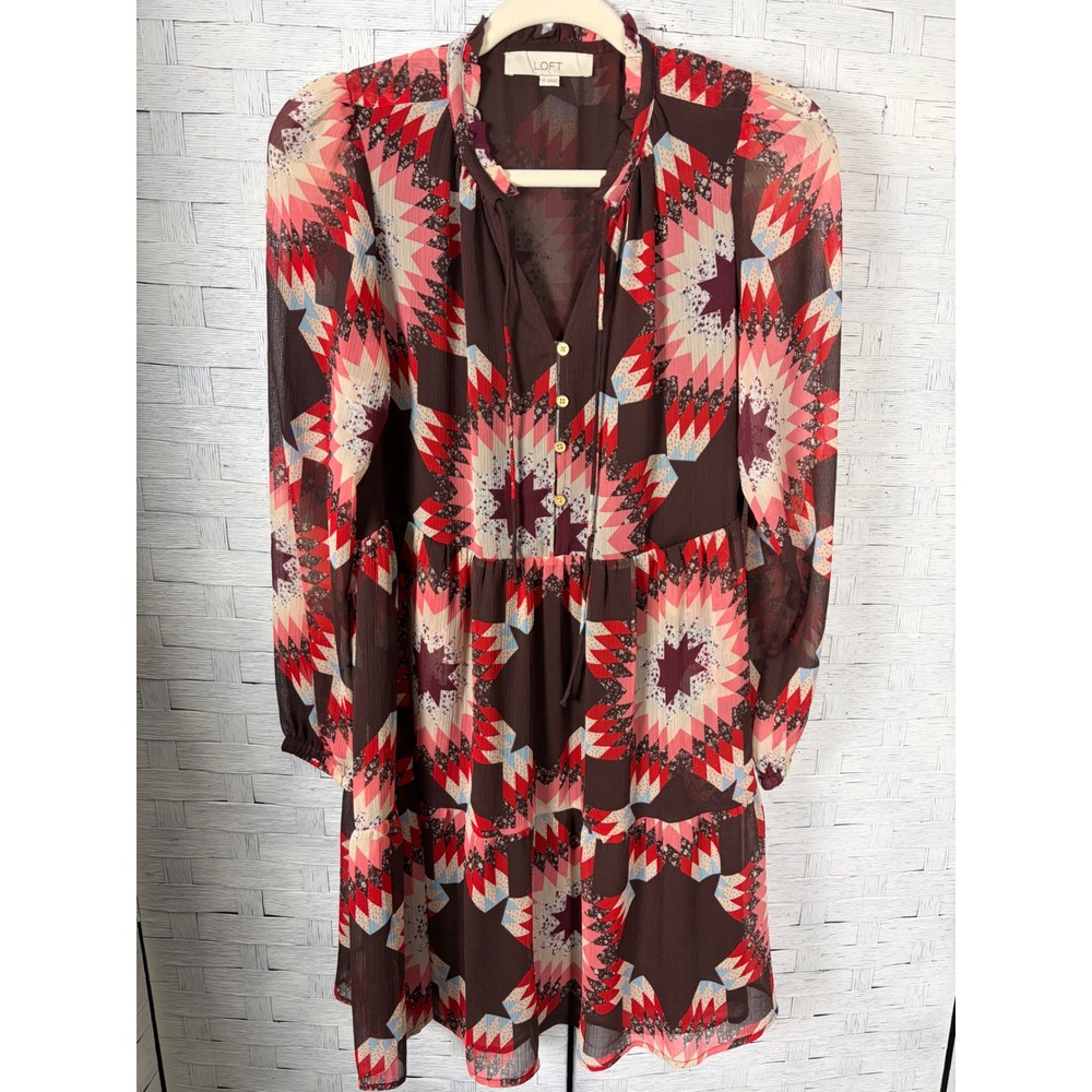 Loft Women's Dress Mini Tiered Patchwork  Burgundy Red Long Sleeve Pockets‎